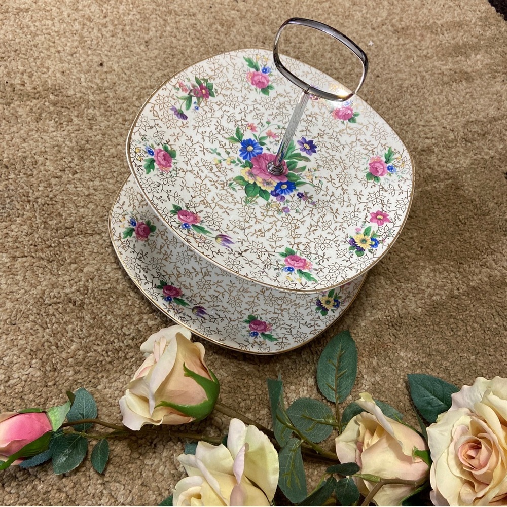 Cake Tier Gold Floral Chintz 2 Tier Midwinter England Retro Server 1950s Chic